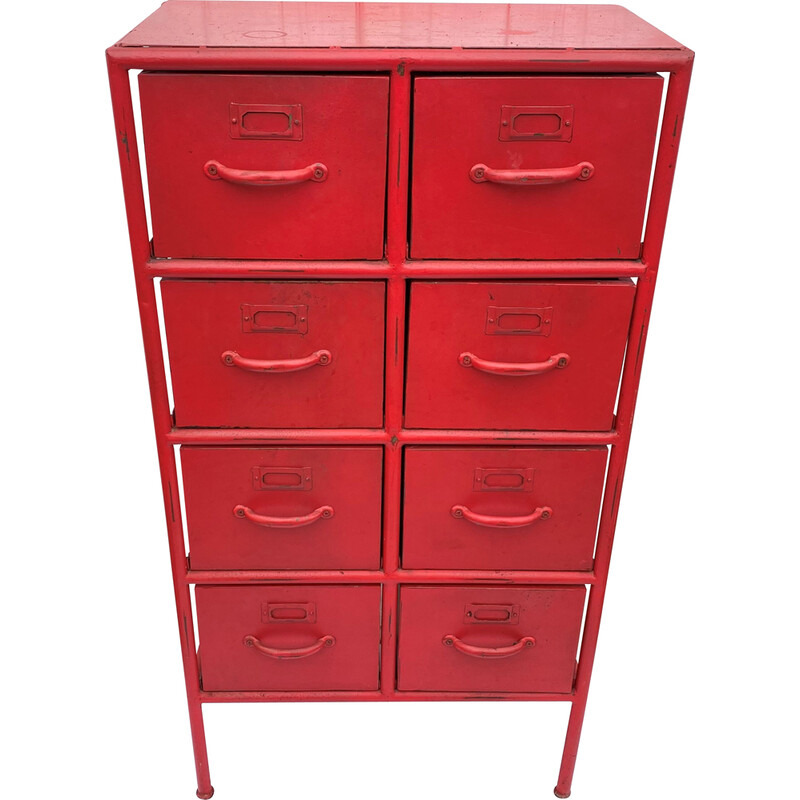 Mueble industrial vintage rojo con 8 cajones