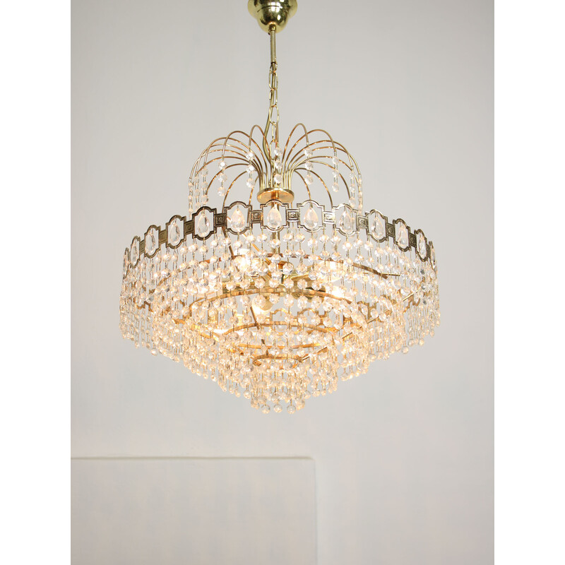 Vintage chandelier in crystal and gold metal, Italy 1980