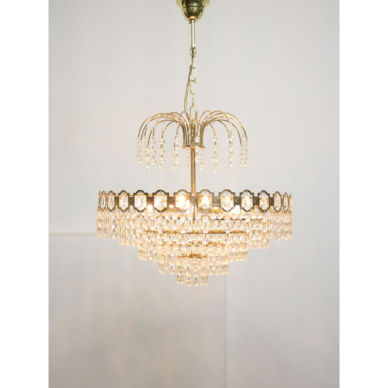 Vintage chandelier in crystal and gold metal, Italy 1980
