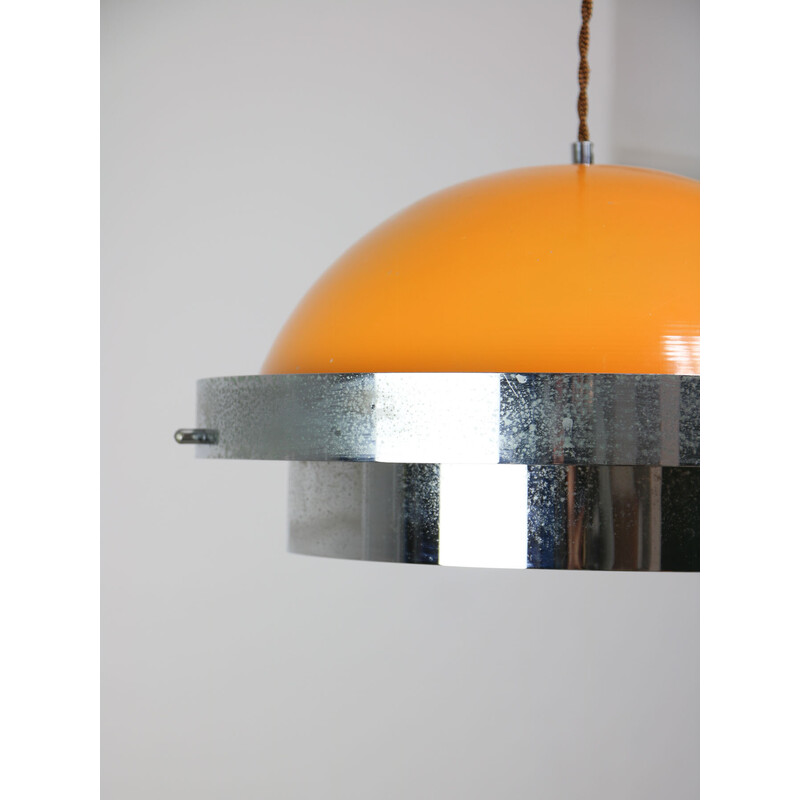 Vintage Space Age pendant lamp in orange metal and chrome, Italy 1970
