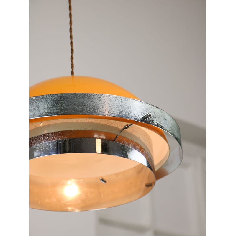 Vintage Space Age pendant lamp in orange metal and chrome, Italy 1970
