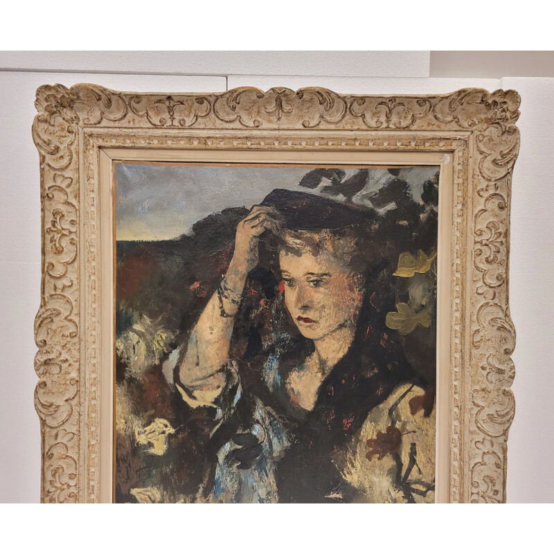 Vintage painting depicting an elegantly dressed woman holding her hat by Roland Oudot, France