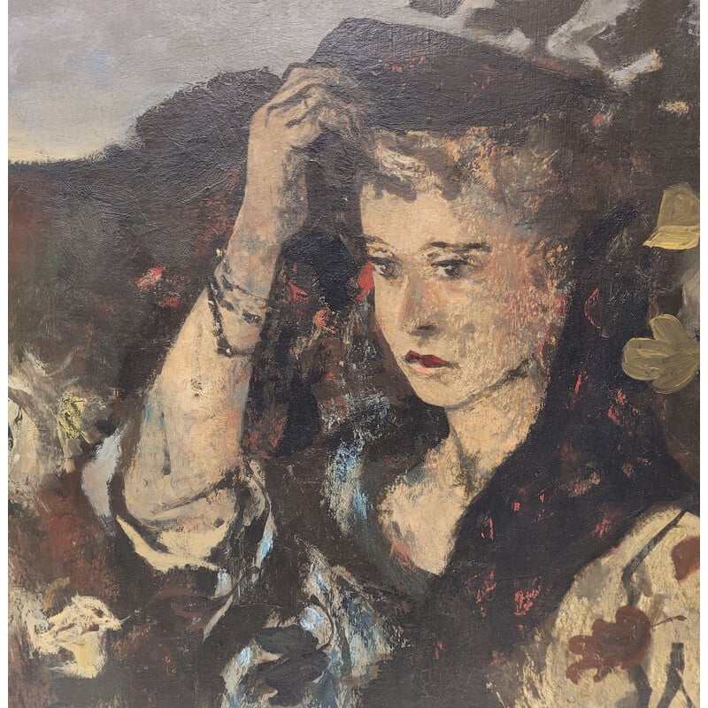 Tableau vintage représentant une femme élégamment vêtue tenant son chapeaupar Roland Oudot, France