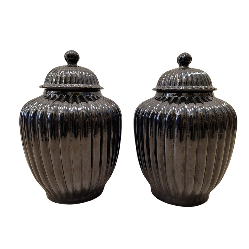 Pareja de macetas vintage de cerámica negra, Italia