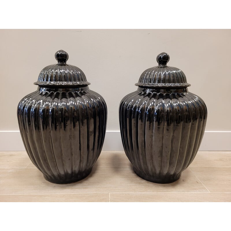 Pareja de macetas vintage de cerámica negra, Italia