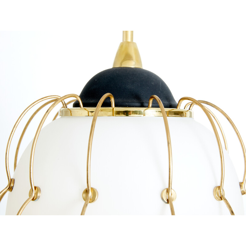 Vintage opaline glass and brass chandelier by Angelo Lelii for Arredoluce, 1958