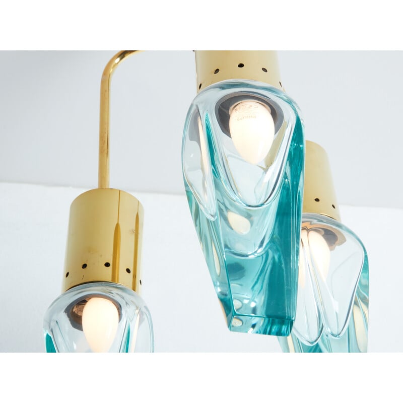 Lámpara vintage de cristal de Murano y latón de Flavio Poli para Seguso, 1950