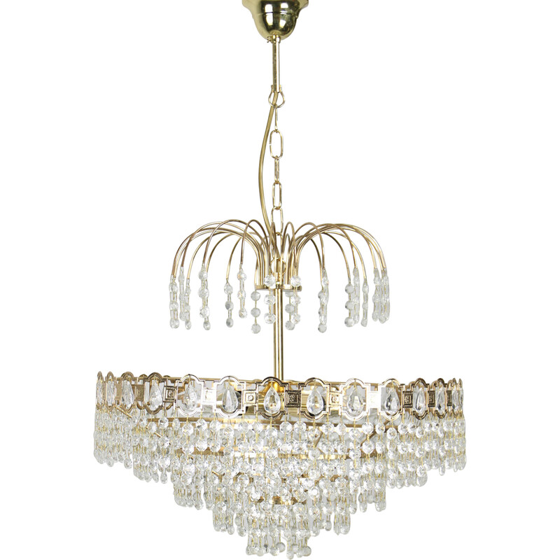 Vintage chandelier in crystal and gold metal, Italy 1980