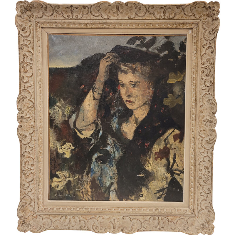 Vintage painting depicting an elegantly dressed woman holding her hat by Roland Oudot, France