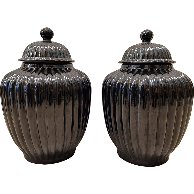 Paire de pots vintage en céramique noire, Italie