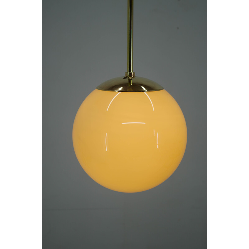 Vintage Bauhaus pendant lamp in brass and blown glass, 1930