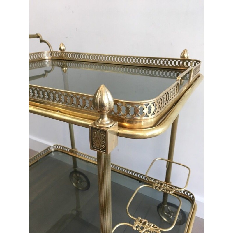 Vintage rolling table in brass and bluish glass for La Maison Jansen, France 1940