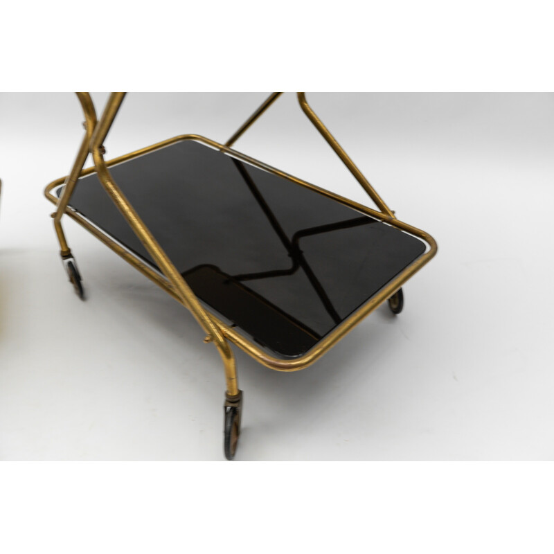 Pair of vintage brass and glass serving carts, 1950