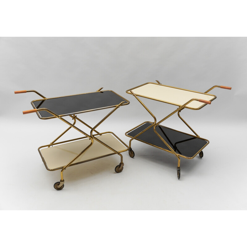 Pair of vintage brass and glass serving carts, 1950