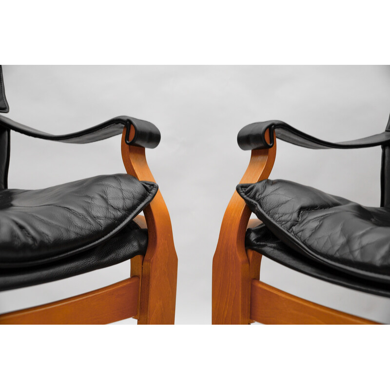 Pair of vintage armchairs in wood and leather by Åke Fribytter for Nelo Kroken, Sweden 1960