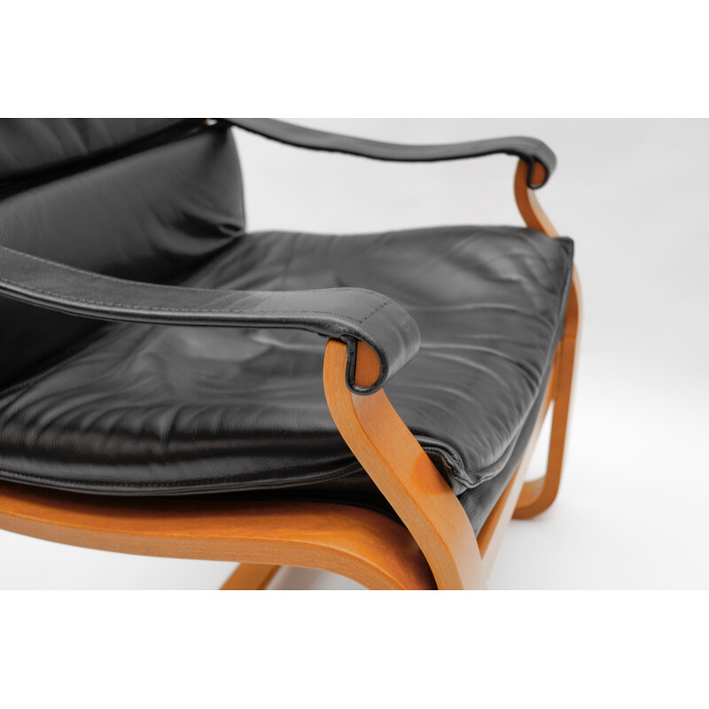 Pair of vintage armchairs in wood and leather by Åke Fribytter for Nelo Kroken, Sweden 1960