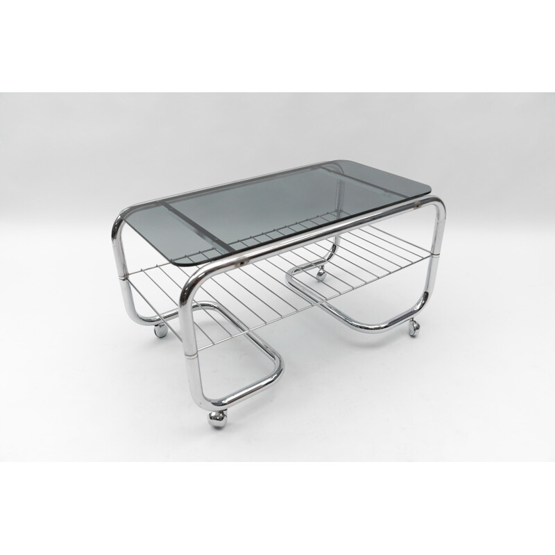 Vintage 2-tier chrome and glass coffee table with wheels, 1970