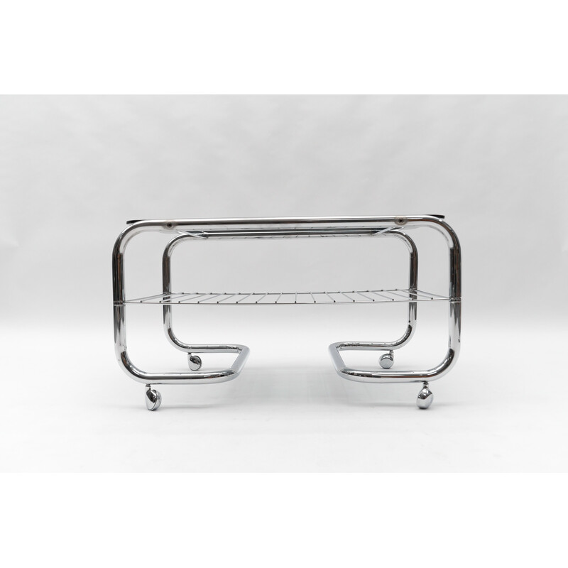 Vintage 2-tier chrome and glass coffee table with wheels, 1970