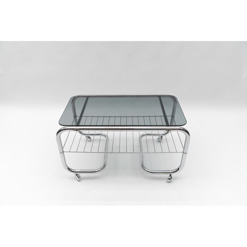 Vintage 2-tier chrome and glass coffee table with wheels, 1970
