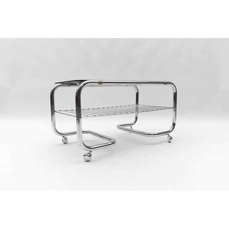 Vintage 2-tier chrome and glass coffee table with wheels, 1970