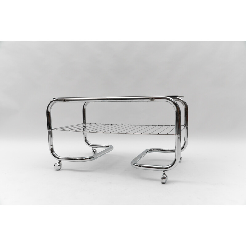 Vintage 2-tier chrome and glass coffee table with wheels, 1970