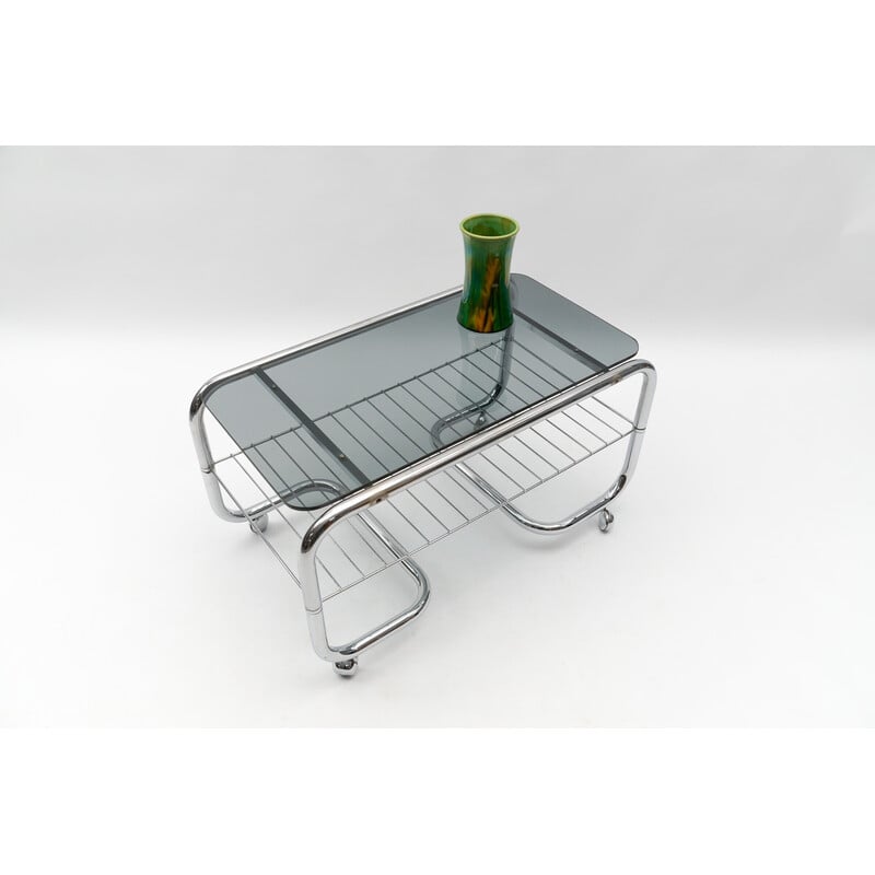 Vintage 2-tier chrome and glass coffee table with wheels, 1970