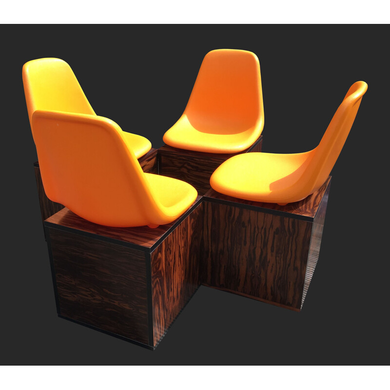 Ensemble de 4 chaises à repas en palissandre et plastique orange par O.F. Pollak - 1980
