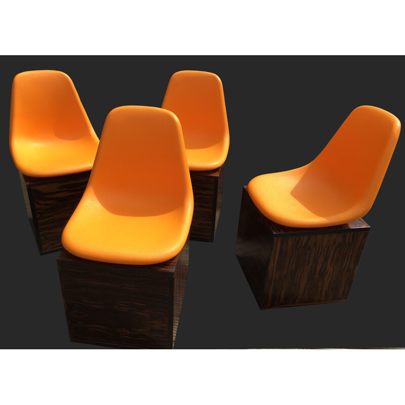 Set of 4 rosewood and orange plastic dining chairs by O.F. Pollak - 1980s