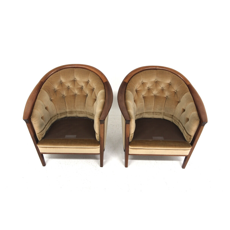 Pair of vintage "Fabiola" armchairs in mahogany and velvet for Bröderna Andersson, Sweden 1960