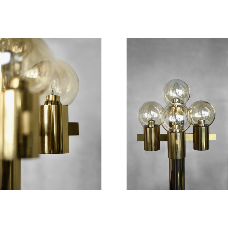 Lámpara de pie vintage dorada de 5 luces de cristal ahumado de Gaetano Sciolari, Italia 1970