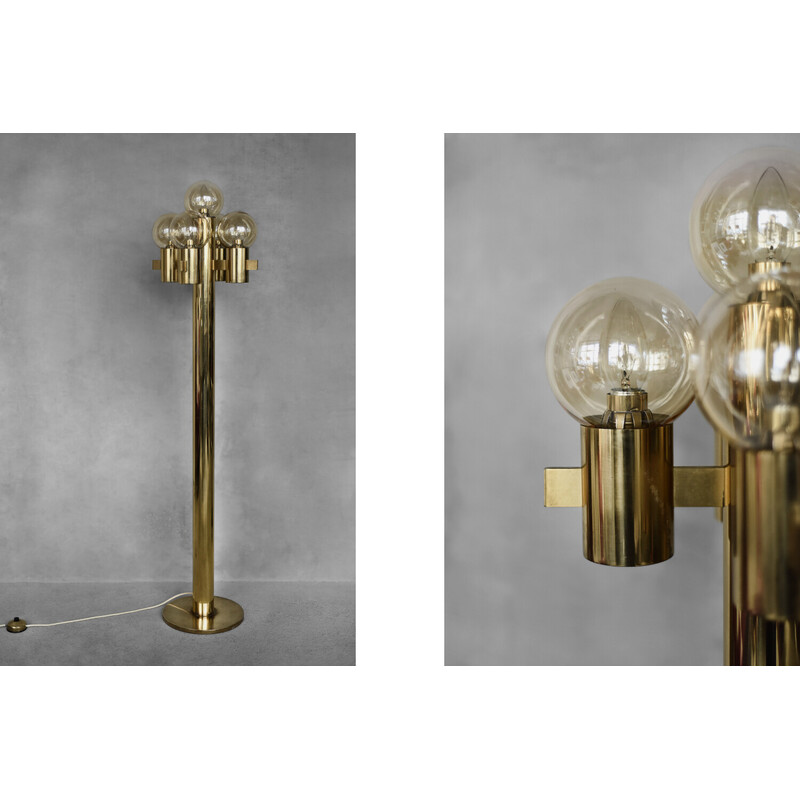 Lámpara de pie vintage dorada de 5 luces de cristal ahumado de Gaetano Sciolari, Italia 1970