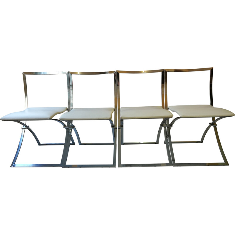 Set of 4 vintage Louisa folding chairs in chrome steel and leatherette for Mobel, 1970
