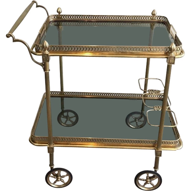 Vintage rolling table in brass and bluish glass for La Maison Jansen, France 1940