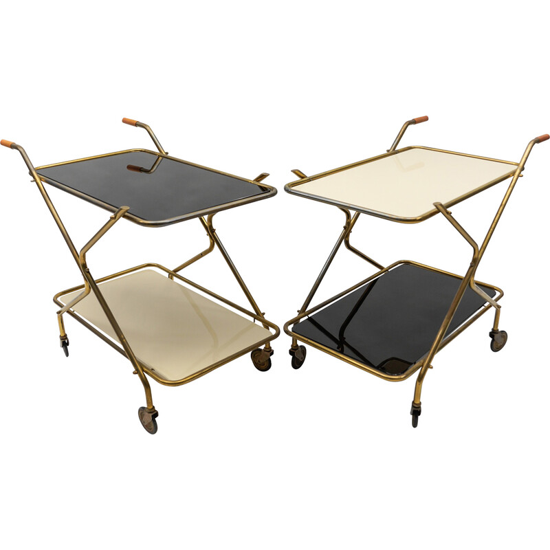 Pair of vintage brass and glass serving carts, 1950