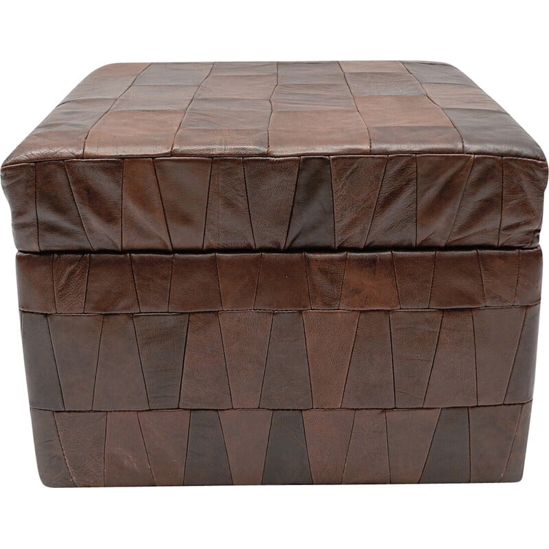 Vintage Patchwork pouf in chocolate brown leather, Switzerland 1960