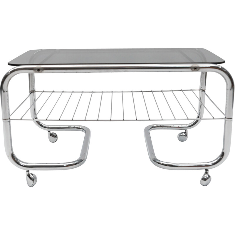 Vintage 2-tier chrome and glass coffee table with wheels, 1970