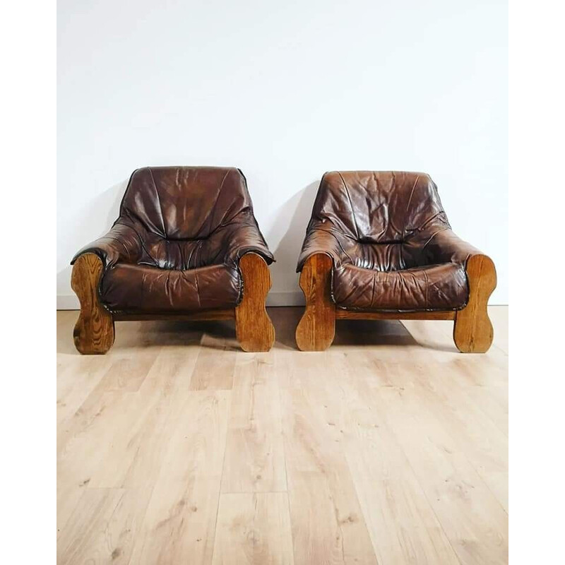 Pair of vintage armchairs in wood and brown leather, 1970