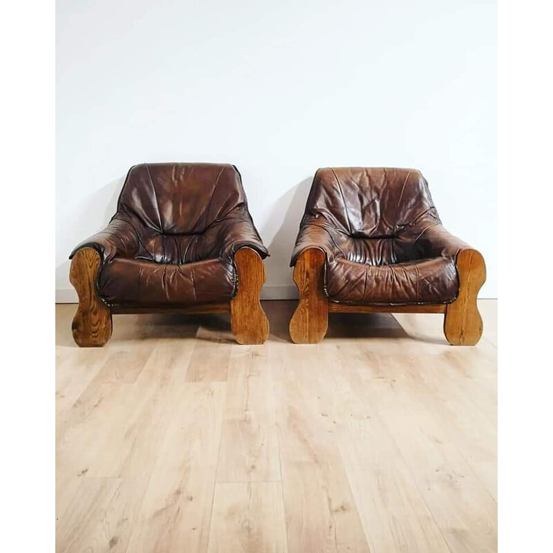 Pareja de sillones vintage de cuero marrón y madera, 1970