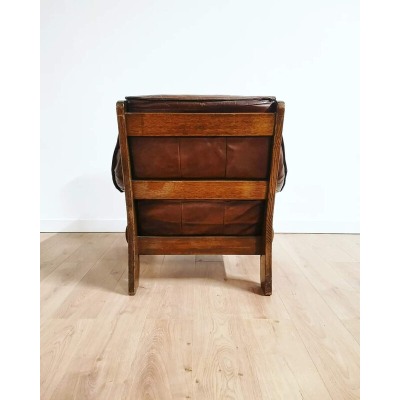 Pair of vintage armchairs in wood and brown leather, 1970