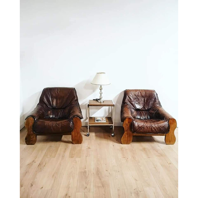 Pair of vintage armchairs in wood and brown leather, 1970