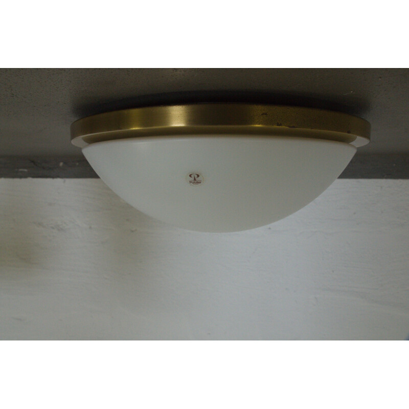 Circular opaque glass and brass ceiling Light Putzler - 1970s
