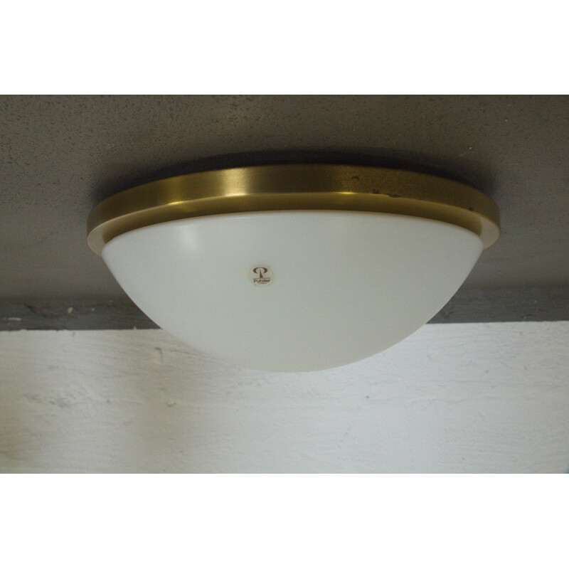 Circular opaque glass and brass ceiling Light Putzler - 1970s