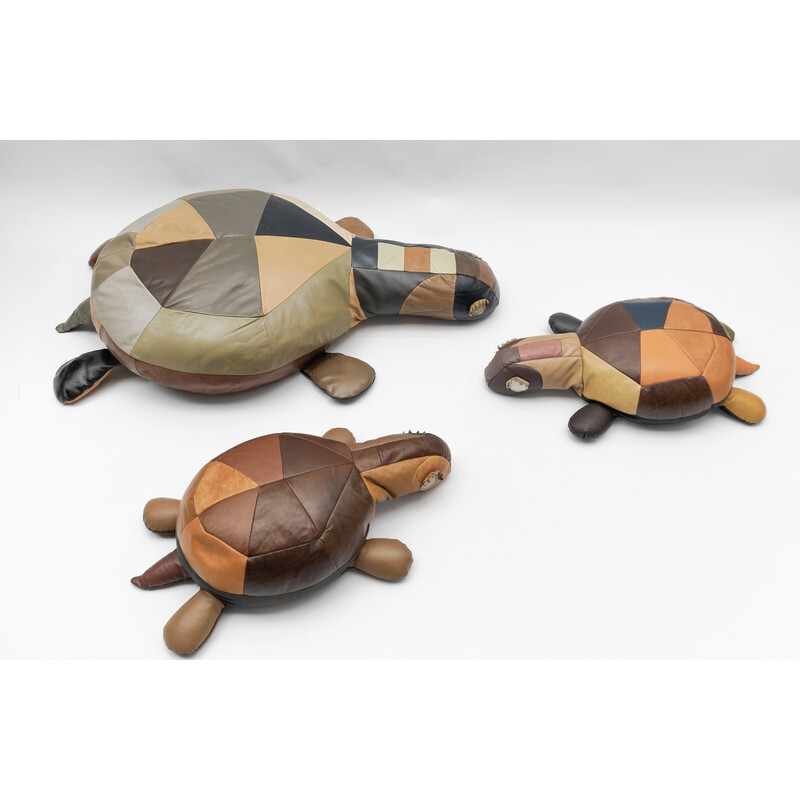 Set of 3 vintage leather turtle poufs, Switzerland 1960