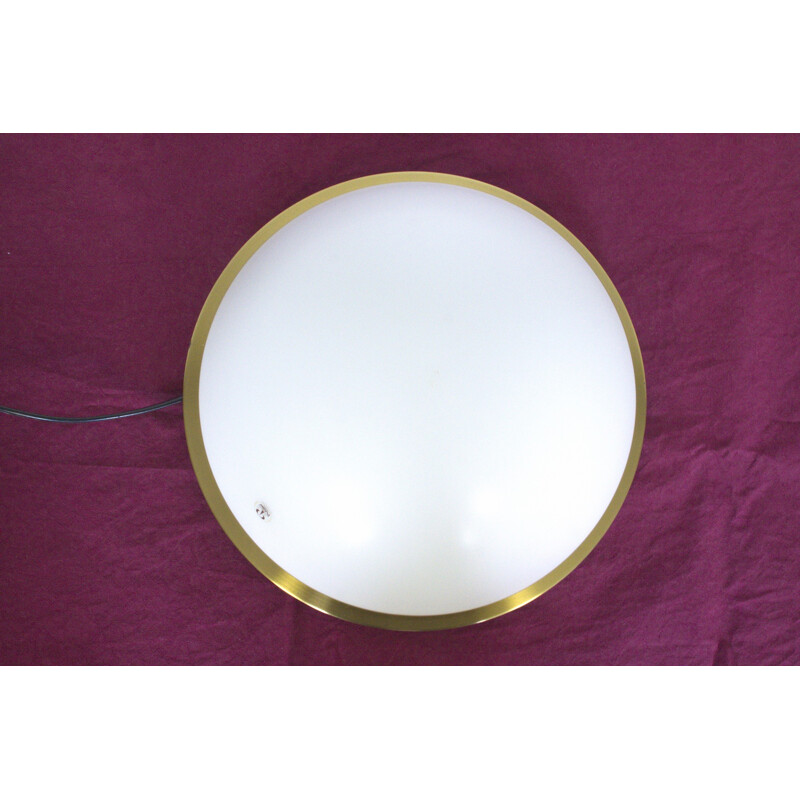 Circular opaque glass and brass ceiling Light Putzler - 1970s