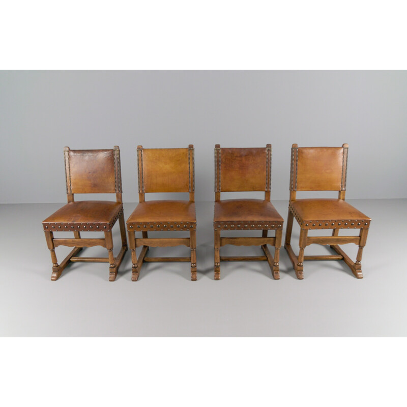 Juego de 4 sillas vintage de cuero y madera, España 1940