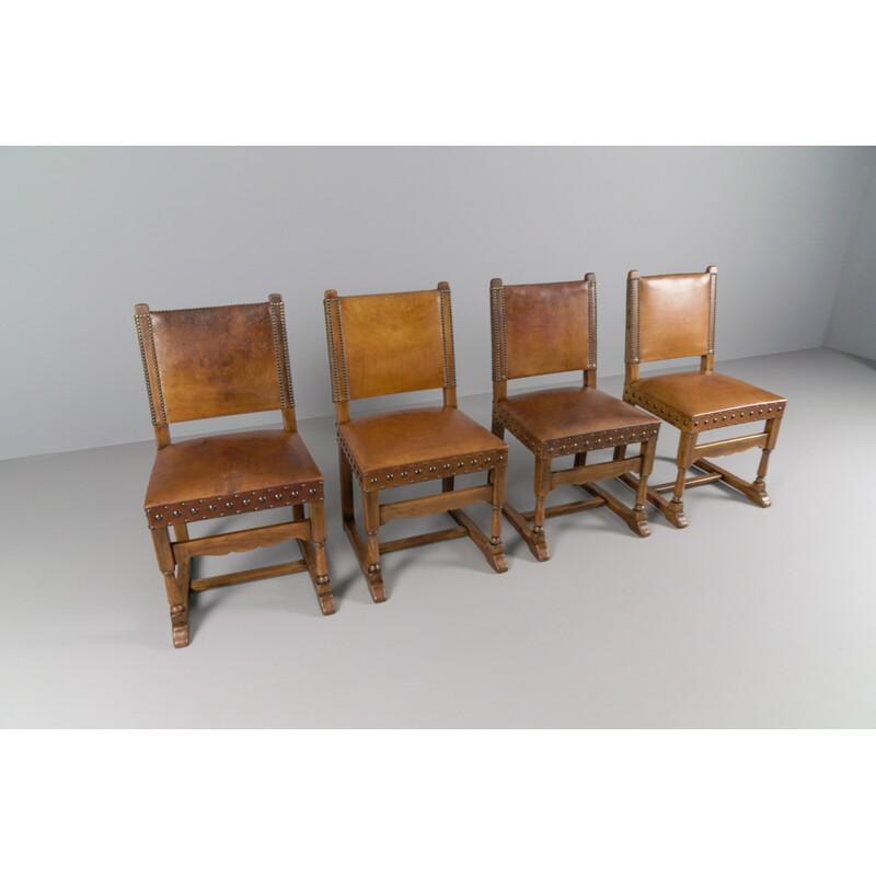 Juego de 4 sillas vintage de cuero y madera, España 1940