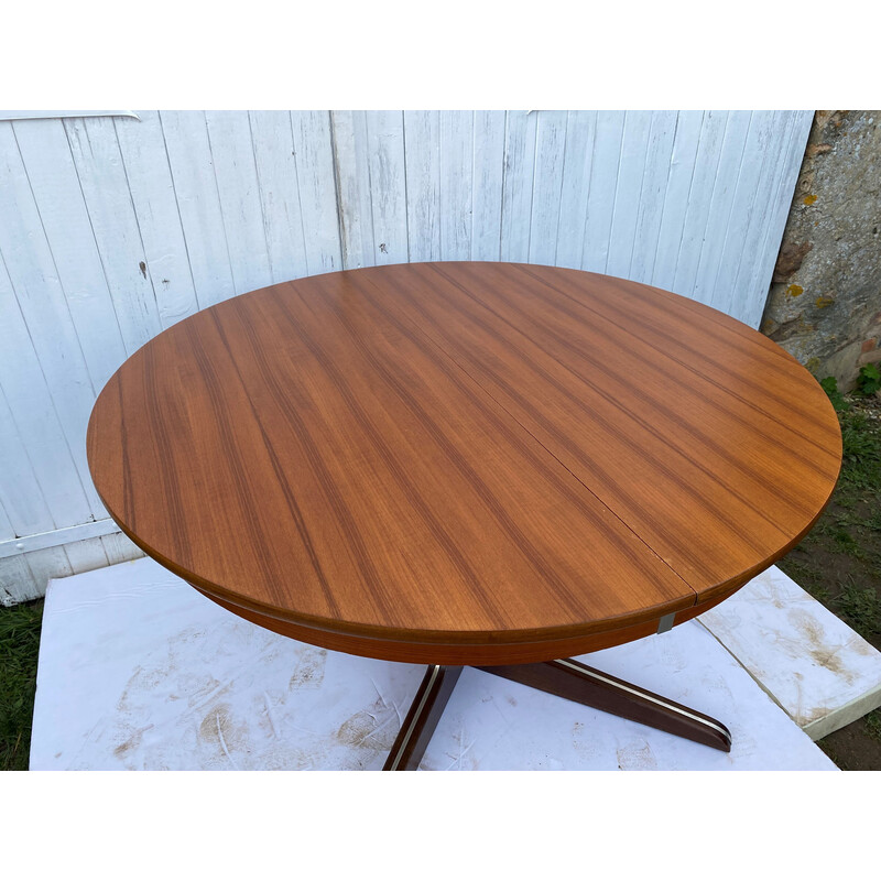 Table vintage ronde extensible en teck et placage de teck, France 1960