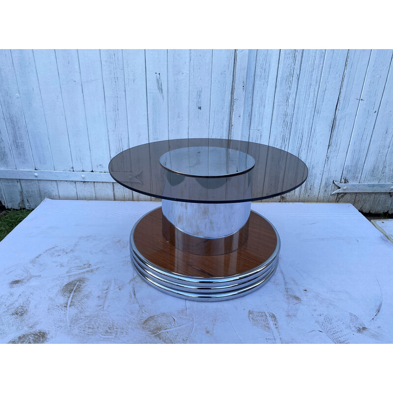 Table basse vintage ronde en verre fumé et chrome, 1960