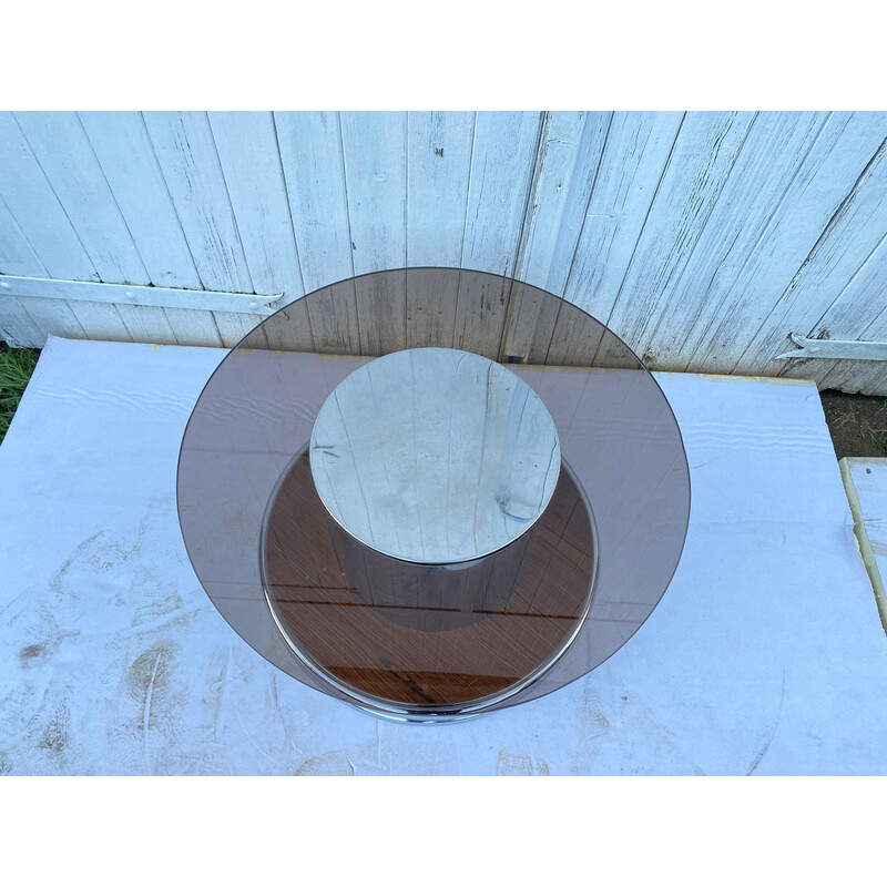 Vintage round coffee table in smoked glass and chrome, 1960