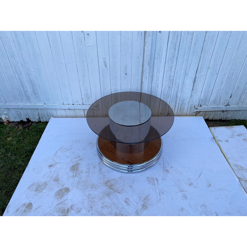 Vintage round coffee table in smoked glass and chrome, 1960